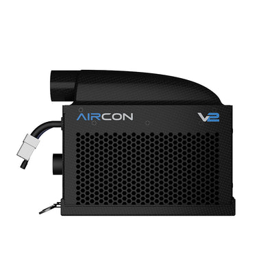 Black air conditioning unit with 'AIRCON' and 'V2' branding on a white background
