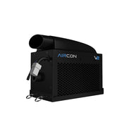 Black air conditioning unit with 'AIRCON' branding on a white background