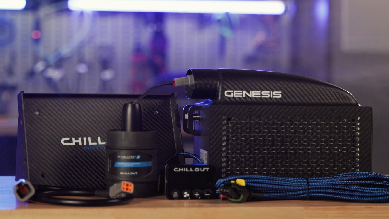 Chillout Genesis carbon-fibre cooling unit displayed with hoses, reservoir and associated components
