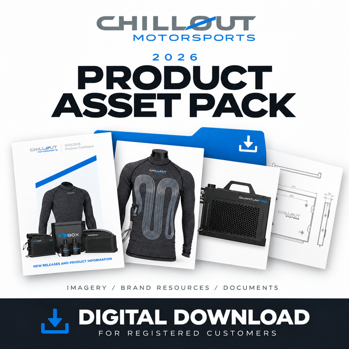 Promotional graphic for a digital download product asset pack by Chillout Motorsports, showing sample apparel and equipment imagery with text reading '2026 Product Asset Pack' and 'Digital Download for Registered Customers'.