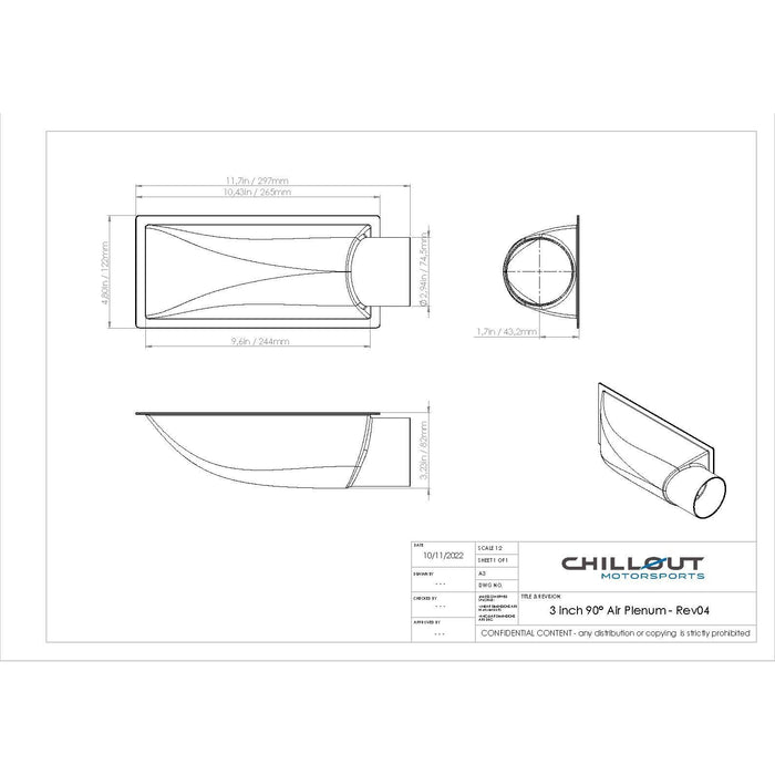 Chillout Motorsports 3-inch carbon fiber 90-degree air plenum for cooling system airflow optimization.