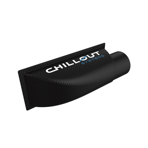 Chillout Motorsports 3-inch carbon fiber 90-degree air plenum for cooling system airflow optimization.